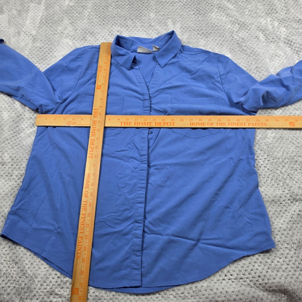 Chicos Button Up Shirt Womens Large Store 2 Blue Roll Tab Sleeve Work Office - Picture 10 of 11